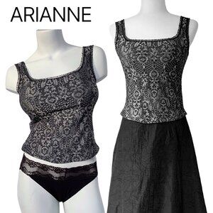 Black/Gray Metallic Brocade Cami-Corset Lace Trim Camisole - Size 4-6